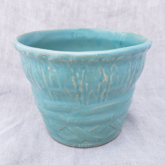 Vintage Mid Century Turquoise Aqua Blue Basket Weave Ceramic Pottery Planter - Picture 1 of 8